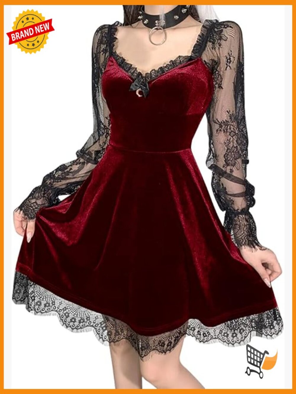 Gothic Lolita Dress Vintage Grunge Velvet Lace Patchwork Mesh Long Sleeve Party
